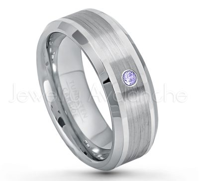 0.21ctw Tanzanite & Diamond 3-Stone Tungsten Ring - December Birthstone Ring - 8mm Polished & Brushed Finish Comfort Fit Beveled Edge Tungsten Carbide Wedding Ring TN002-TZN