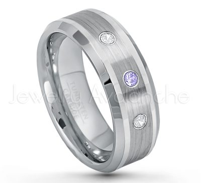 0.21ctw Tanzanite & Diamond 3-Stone Tungsten Ring - December Birthstone Ring - 8mm Polished & Brushed Finish Comfort Fit Beveled Edge Tungsten Carbide Wedding Ring TN002-TZN