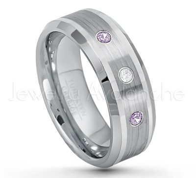 0.21ctw Amethyst & Diamond 3-Stone Tungsten Ring - February Birthstone Ring - 8mm Polished & Brushed Finish Comfort Fit Beveled Edge Tungsten Carbide Wedding Ring TN002-AMT