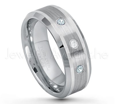 0.21ctw Aquamarine & Diamond 3-Stone Tungsten Ring - March Birthstone Ring - 8mm Polished & Brushed Finish Comfort Fit Beveled Edge Tungsten Carbide Wedding Ring TN002-AQM