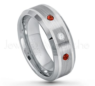 0.21ctw Garnet & Diamond 3-Stone Tungsten Ring - January Birthstone Ring - 8mm Polished & Brushed Finish Comfort Fit Beveled Edge Tungsten Carbide Wedding Ring TN002-GR