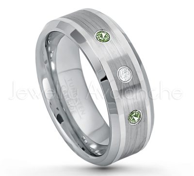 0.07ctw Green Tourmaline Tungsten Ring - October Birthstone Ring - 8mm Polished & Brushed Finish Comfort Fit Beveled Edge Tungsten Carbide Wedding Ring TN002-GTM