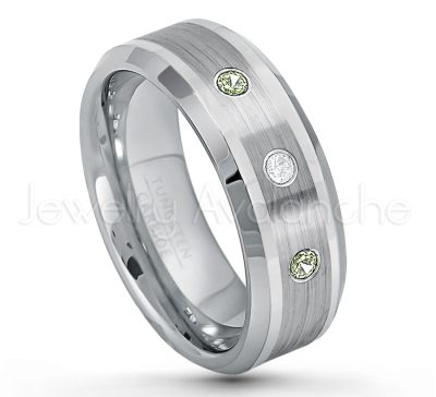 0.07ctw Peridot Tungsten Ring - August Birthstone Ring - 8mm Polished & Brushed Finish Comfort Fit Beveled Edge Tungsten Carbide Wedding Ring TN002-PD