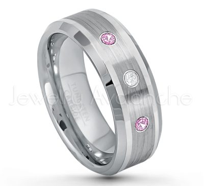 0.21ctw Pink Tourmaline 3-Stone Tungsten Ring - October Birthstone Ring - 8mm Polished & Brushed Finish Comfort Fit Beveled Edge Tungsten Carbide Wedding Ring TN002-PTM