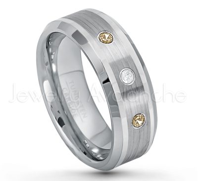 0.21ctw Smokey Quartz 3-Stone Tungsten Ring - November Birthstone Ring - 8mm Polished & Brushed Finish Comfort Fit Beveled Edge Tungsten Carbide Wedding Ring TN002-SMQ