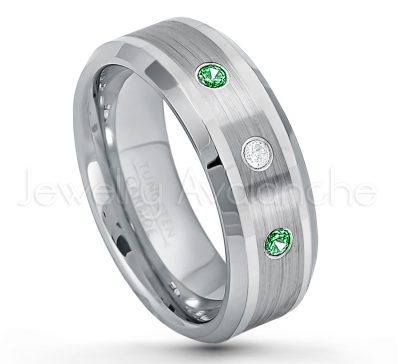 0.21ctw Tsavorite & Diamond 3-Stone Tungsten Ring - January Birthstone Ring - 8mm Polished & Brushed Finish Comfort Fit Beveled Edge Tungsten Carbide Wedding Ring TN002-TVR