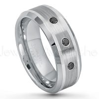 0.21ctw Black Diamond 3-Stone Tungsten Ring - April Birthstone Ring - 8mm Polished & Brushed Finish Comfort Fit Beveled Edge Tungsten Carbide Wedding Ring TN002-BD