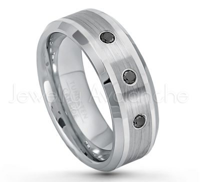 0.21ctw Black Diamond 3-Stone Tungsten Ring - April Birthstone Ring - 8mm Polished & Brushed Finish Comfort Fit Beveled Edge Tungsten Carbide Wedding Ring TN002-BD