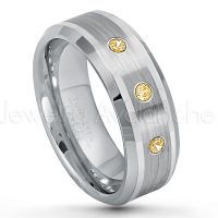 0.21ctw Citrine 3-Stone Tungsten Ring - November Birthstone Ring - 8mm Polished & Brushed Finish Comfort Fit Beveled Edge Tungsten Carbide Wedding Ring TN002-CN