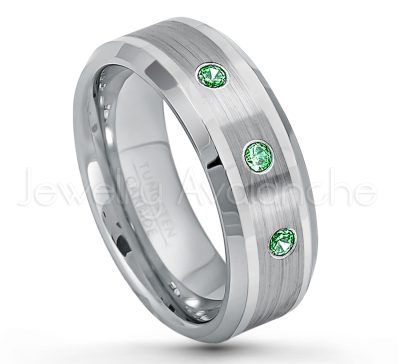 0.21ctw Emerald 3-Stone Tungsten Ring - May Birthstone Ring - 8mm Polished & Brushed Finish Comfort Fit Beveled Edge Tungsten Carbide Wedding Ring TN002-ED