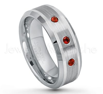 0.21ctw Garnet 3-Stone Tungsten Ring - January Birthstone Ring - 8mm Polished & Brushed Finish Comfort Fit Beveled Edge Tungsten Carbide Wedding Ring TN002-GR