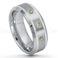 0.21ctw Green Tourmaline 3-Stone Tungsten Ring - October Birthstone Ring - 8mm Polished & Brushed Finish Comfort Fit Beveled Edge Tungsten Carbide Wedding Ring TN002-GTM