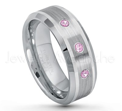 0.21ctw Pink Tourmaline & Diamond 3-Stone Tungsten Ring - October Birthstone Ring - 8mm Polished & Brushed Finish Comfort Fit Beveled Edge Tungsten Carbide Wedding Ring TN002-PTM