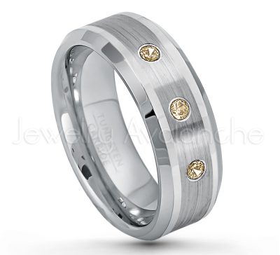 0.07ctw Smokey Quartz Tungsten Ring - November Birthstone Ring - 8mm Polished & Brushed Finish Comfort Fit Beveled Edge Tungsten Carbide Wedding Ring TN002-SMQ