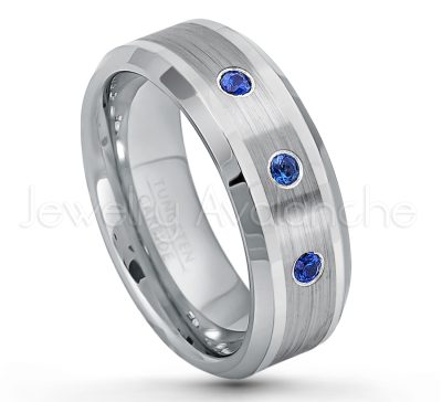 0.21ctw Blue Sapphire 3-Stone Tungsten Ring - September Birthstone Ring - 8mm Polished & Brushed Finish Comfort Fit Beveled Edge Tungsten Carbide Wedding Ring TN002-SP
