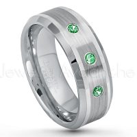 0.21ctw Tsavorite 3-Stone Tungsten Ring - January Birthstone Ring - 8mm Polished & Brushed Finish Comfort Fit Beveled Edge Tungsten Carbide Wedding Ring TN002-TVR