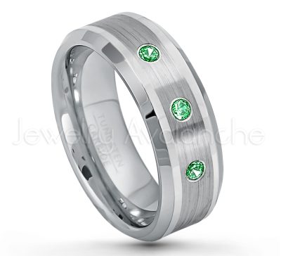 0.21ctw Tsavorite 3-Stone Tungsten Ring - January Birthstone Ring - 8mm Polished & Brushed Finish Comfort Fit Beveled Edge Tungsten Carbide Wedding Ring TN002-TVR