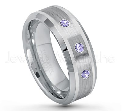 0.21ctw Diamond & Tanzanite 3-Stone Tungsten Ring - December Birthstone Ring - 8mm Polished & Brushed Finish Comfort Fit Beveled Edge Tungsten Carbide Wedding Ring TN002-TZN