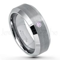 0.07ctw Amethyst Tungsten Ring - February Birthstone Ring - 8mm Tungsten Wedding Band - Brushed Finish Comfort Fit Tungsten Carbide Ring - Beveled Edge Tungsten Anniversary Ring TN003-AMT