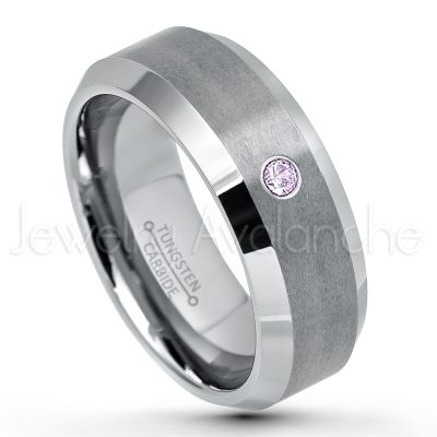 0.21ctw Amethyst 3-Stone Tungsten Ring - February Birthstone Ring - 8mm Tungsten Wedding Band - Brushed Finish Comfort Fit Tungsten Carbide Ring - Beveled Edge Tungsten Anniversary Ring TN003-AMT