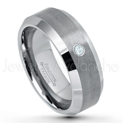 0.21ctw Aquamarine 3-Stone Tungsten Ring - March Birthstone Ring - 8mm Tungsten Wedding Band - Brushed Finish Comfort Fit Tungsten Carbide Ring - Beveled Edge Tungsten Anniversary Ring TN003-AQM
