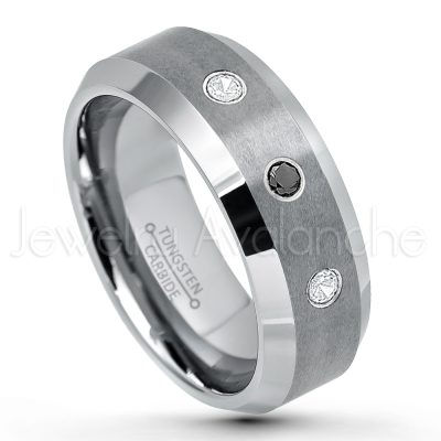 0.21ctw Black Diamond 3-Stone Tungsten Ring - April Birthstone Ring - 8mm Tungsten Wedding Band - Brushed Finish Comfort Fit Tungsten Carbide Ring - Beveled Edge Tungsten Anniversary Ring TN003-BD