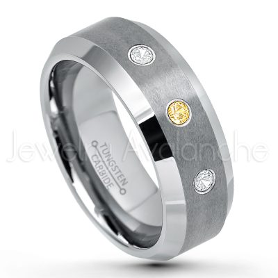 0.21ctw Citrine & Diamond 3-Stone Tungsten Ring - November Birthstone Ring - 8mm Tungsten Wedding Band - Brushed Finish Comfort Fit Tungsten Carbide Ring - Beveled Edge Tungsten Anniversary Ring TN003-CN