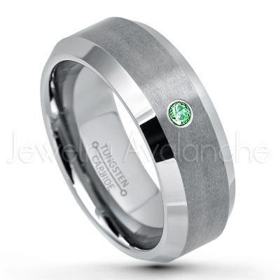 0.21ctw Emerald 3-Stone Tungsten Ring - May Birthstone Ring - 8mm Tungsten Wedding Band - Brushed Finish Comfort Fit Tungsten Carbide Ring - Beveled Edge Tungsten Anniversary Ring TN003-ED