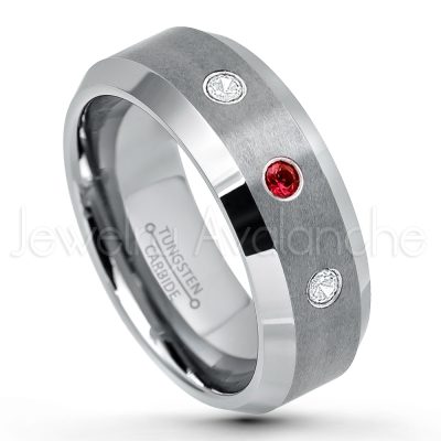 0.21ctw Garnet 3-Stone Tungsten Ring - January Birthstone Ring - 8mm Tungsten Wedding Band - Brushed Finish Comfort Fit Tungsten Carbide Ring - Beveled Edge Tungsten Anniversary Ring TN003-GR