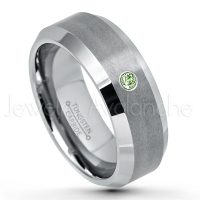 0.07ctw Green Tourmaline Tungsten Ring - October Birthstone Ring - 8mm Tungsten Wedding Band - Brushed Finish Comfort Fit Tungsten Carbide Ring - Beveled Edge Tungsten Anniversary Ring TN003-GTM
