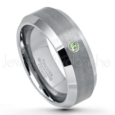 0.21ctw Green Tourmaline 3-Stone Tungsten Ring - October Birthstone Ring - 8mm Tungsten Wedding Band - Brushed Finish Comfort Fit Tungsten Carbide Ring - Beveled Edge Tungsten Anniversary Ring TN003-GTM