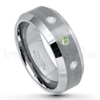 0.21ctw Green Tourmaline & Diamond 3-Stone Tungsten Ring - October Birthstone Ring - 8mm Tungsten Wedding Band - Brushed Finish Comfort Fit Tungsten Carbide Ring - Beveled Edge Tungsten Anniversary Ring TN003-GTM
