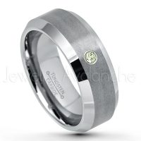 0.07ctw Peridot Tungsten Ring - August Birthstone Ring - 8mm Tungsten Wedding Band - Brushed Finish Comfort Fit Tungsten Carbide Ring - Beveled Edge Tungsten Anniversary Ring TN003-PD