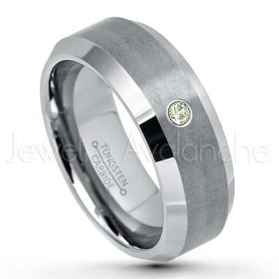 0.21ctw Peridot 3-Stone Tungsten Ring - August Birthstone Ring - 8mm Tungsten Wedding Band - Brushed Finish Comfort Fit Tungsten Carbide Ring - Beveled Edge Tungsten Anniversary Ring TN003-PD
