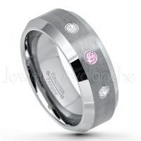 0.21ctw Pink Tourmaline & Diamond 3-Stone Tungsten Ring - October Birthstone Ring - 8mm Tungsten Wedding Band - Brushed Finish Comfort Fit Tungsten Carbide Ring - Beveled Edge Tungsten Anniversary Ring TN003-PTM