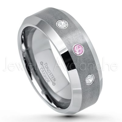0.21ctw Pink Tourmaline & Diamond 3-Stone Tungsten Ring - October Birthstone Ring - 8mm Tungsten Wedding Band - Brushed Finish Comfort Fit Tungsten Carbide Ring - Beveled Edge Tungsten Anniversary Ring TN003-PTM