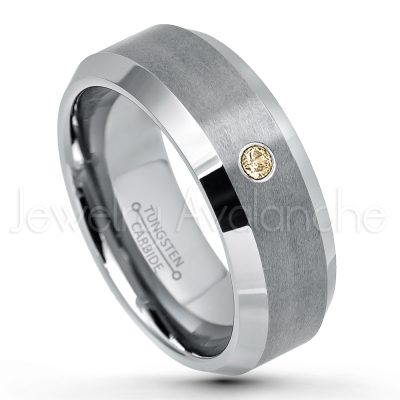 0.21ctw Smokey Quartz & Diamond 3-Stone Tungsten Ring - November Birthstone Ring - 8mm Tungsten Wedding Band - Brushed Finish Comfort Fit Tungsten Carbide Ring - Beveled Edge Tungsten Anniversary Ring TN003-SMQ