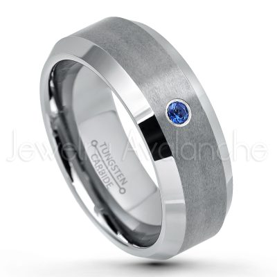 0.21ctw Blue Sapphire 3-Stone Tungsten Ring - September Birthstone Ring - 8mm Tungsten Wedding Band - Brushed Finish Comfort Fit Tungsten Carbide Ring - Beveled Edge Tungsten Anniversary Ring TN003-SP