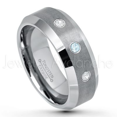 0.21ctw Topaz 3-Stone Tungsten Ring - November Birthstone Ring - 8mm Tungsten Wedding Band - Brushed Finish Comfort Fit Tungsten Carbide Ring - Beveled Edge Tungsten Anniversary Ring TN003-TP