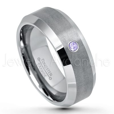 0.07ctw Tanzanite Tungsten Ring - December Birthstone Ring - 8mm Tungsten Wedding Band - Brushed Finish Comfort Fit Tungsten Carbide Ring - Beveled Edge Tungsten Anniversary Ring TN003-TZN