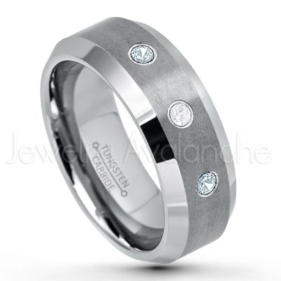 0.21ctw Aquamarine & Diamond 3-Stone Tungsten Ring - March Birthstone Ring - 8mm Tungsten Wedding Band - Brushed Finish Comfort Fit Tungsten Carbide Ring - Beveled Edge Tungsten Anniversary Ring TN003-AQM