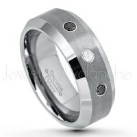 0.21ctw White & Black Diamond 3-Stone Tungsten Ring - April Birthstone Ring - 8mm Tungsten Wedding Band - Brushed Finish Comfort Fit Tungsten Carbide Ring - Beveled Edge Tungsten Anniversary Ring TN003-WD