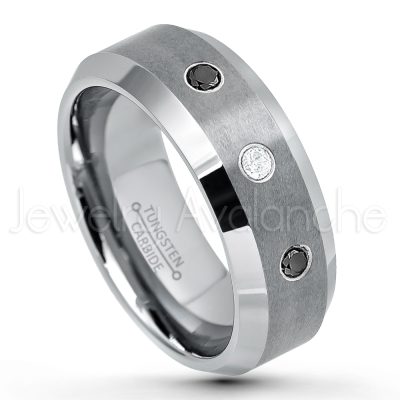 0.21ctw Black & White Diamond 3-Stone Tungsten Ring - April Birthstone Ring - 8mm Tungsten Wedding Band - Brushed Finish Comfort Fit Tungsten Carbide Ring - Beveled Edge Tungsten Anniversary Ring TN003-BD