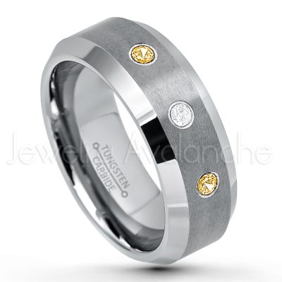 0.07ctw Citrine Tungsten Ring - November Birthstone Ring - 8mm Tungsten Wedding Band - Brushed Finish Comfort Fit Tungsten Carbide Ring - Beveled Edge Tungsten Anniversary Ring TN003-CN