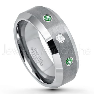 0.21ctw Emerald & Diamond 3-Stone Tungsten Ring - May Birthstone Ring - 8mm Tungsten Wedding Band - Brushed Finish Comfort Fit Tungsten Carbide Ring - Beveled Edge Tungsten Anniversary Ring TN003-ED