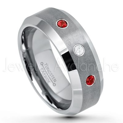 0.21ctw Garnet & Diamond 3-Stone Tungsten Ring - January Birthstone Ring - 8mm Tungsten Wedding Band - Brushed Finish Comfort Fit Tungsten Carbide Ring - Beveled Edge Tungsten Anniversary Ring TN003-GR