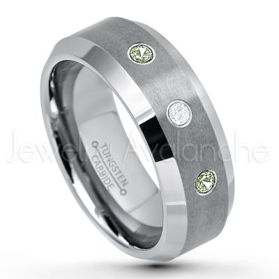 0.07ctw Peridot Tungsten Ring - August Birthstone Ring - 8mm Tungsten Wedding Band - Brushed Finish Comfort Fit Tungsten Carbide Ring - Beveled Edge Tungsten Anniversary Ring TN003-PD