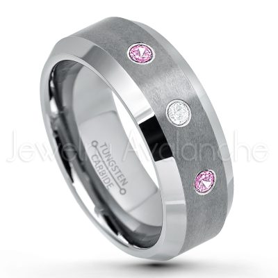 0.07ctw Pink Tourmaline Tungsten Ring - October Birthstone Ring - 8mm Tungsten Wedding Band - Brushed Finish Comfort Fit Tungsten Carbide Ring - Beveled Edge Tungsten Anniversary Ring TN003-PTM
