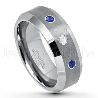 0.21ctw Blue Sapphire & Diamond 3-Stone Tungsten Ring - September Birthstone Ring - 8mm Tungsten Wedding Band - Brushed Finish Comfort Fit Tungsten Carbide Ring - Beveled Edge Tungsten Anniversary Ring TN003-SP