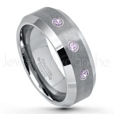 0.07ctw Amethyst Tungsten Ring - February Birthstone Ring - 8mm Tungsten Wedding Band - Brushed Finish Comfort Fit Tungsten Carbide Ring - Beveled Edge Tungsten Anniversary Ring TN003-AMT